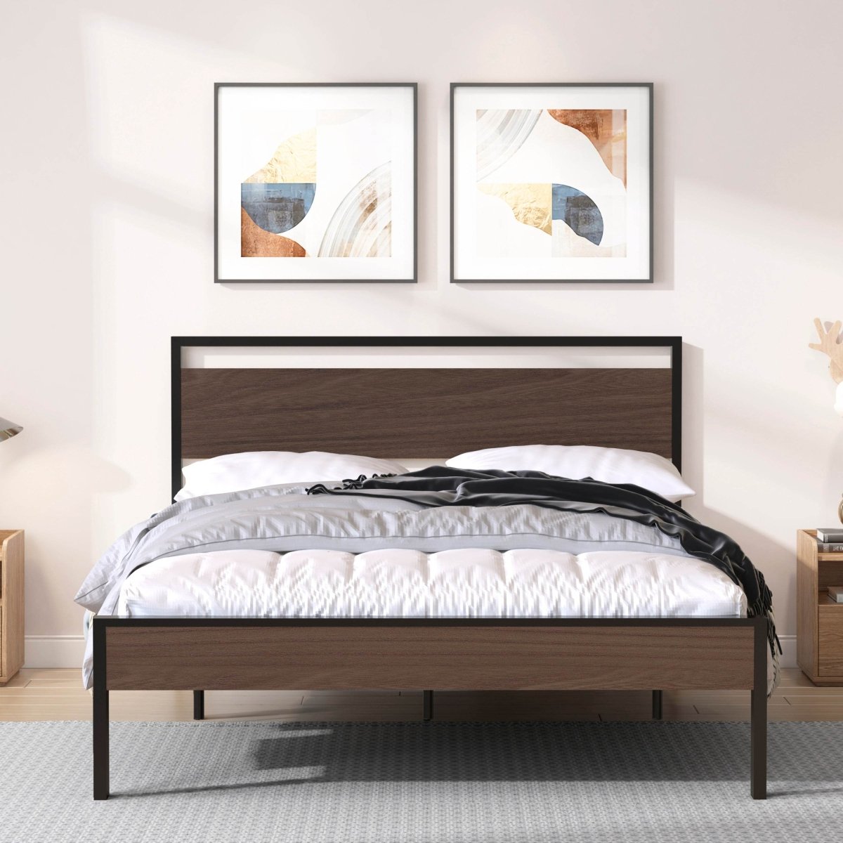 Queen Metal Platform Bed Frame With Wooden Headboard - Driftwood - Omega Lifestyles