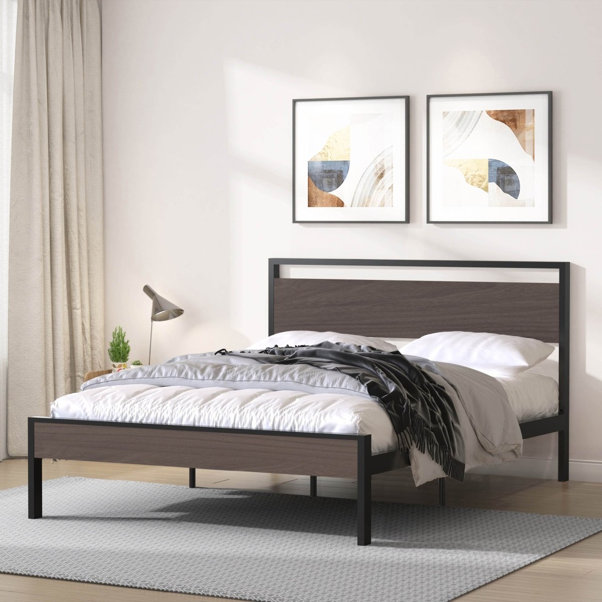 Queen Metal Platform Bed Frame With Wooden Headboard - Driftwood - Omega Lifestyles