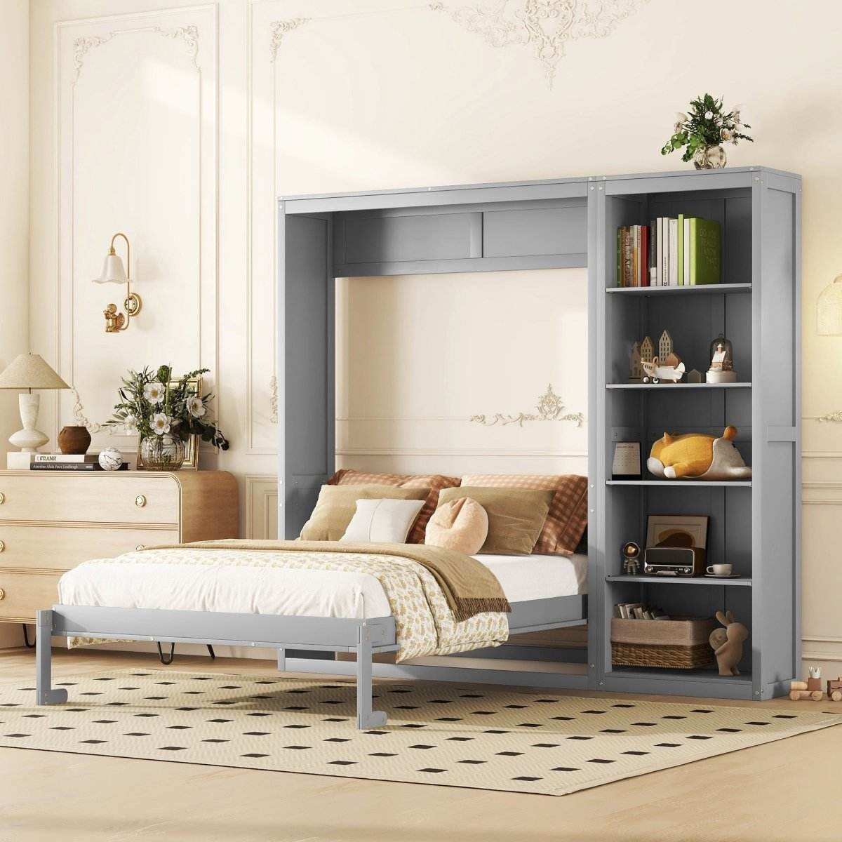 Queen Murphy Wall Bed With Shelves Solid Wood - Sleep Galleria
