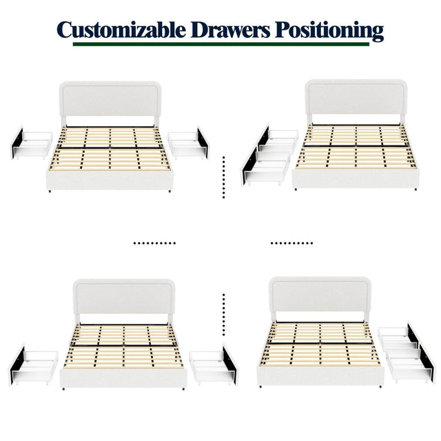 Queen Upholstered Boucle Storage Bed Frame With Drawers - Omega Lifestyles