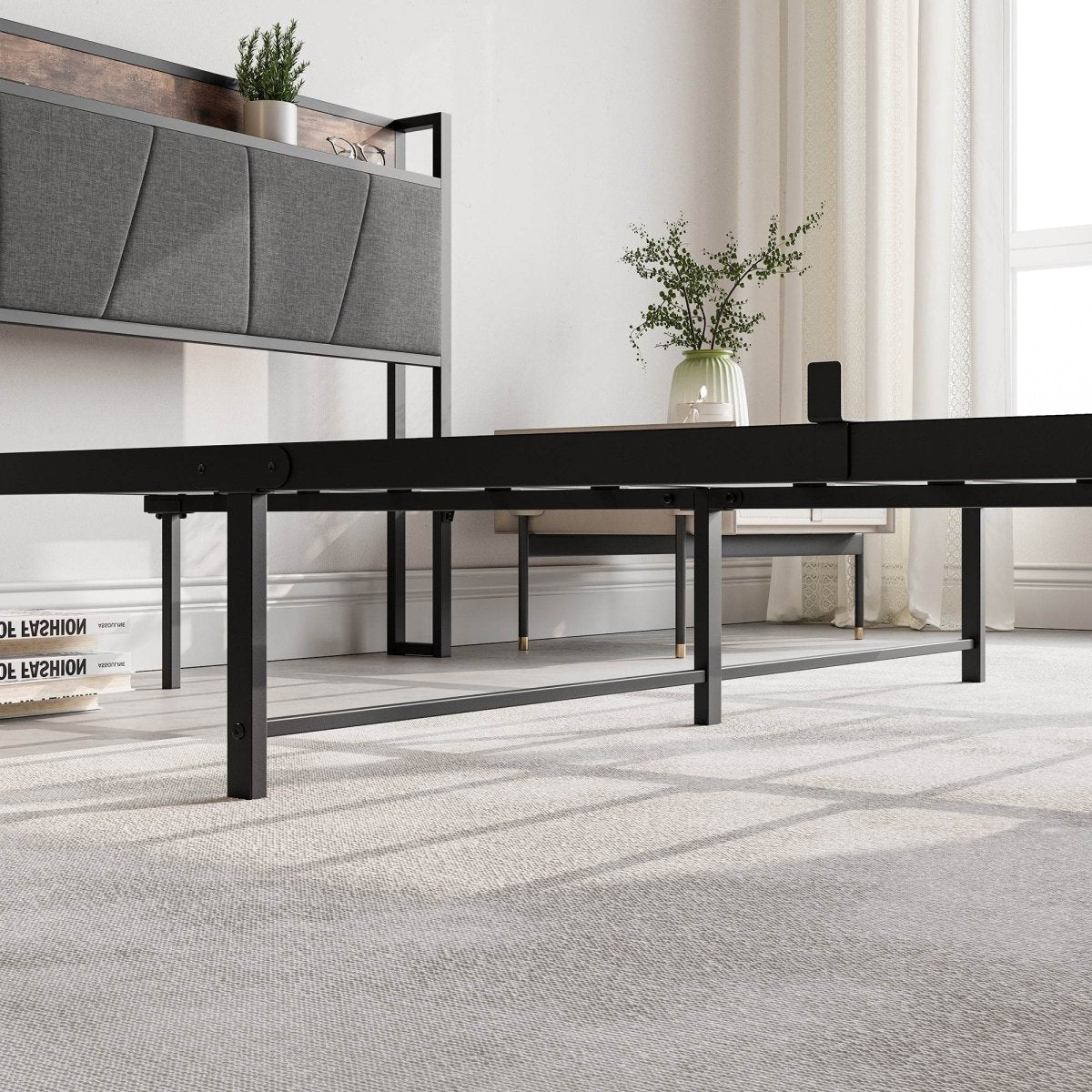 Queen Upholstered Storage Bed Frame With Charging Station - Driftwood - Omega Lifestyles