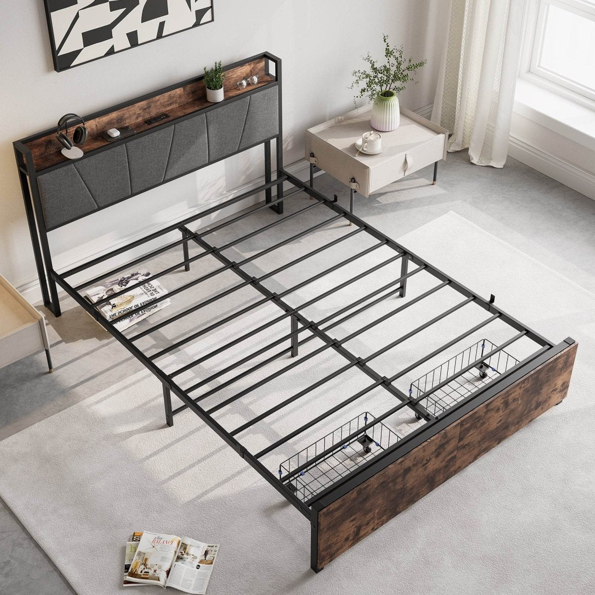 Queen Upholstered Storage Bed Frame With Charging Station - Driftwood - Omega Lifestyles