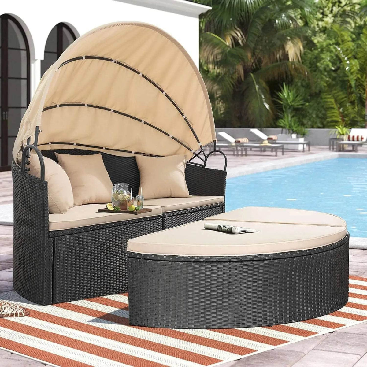 Retractable Canopy Rattan Outdoor Daybed With Cushions - Omega Lifestyles