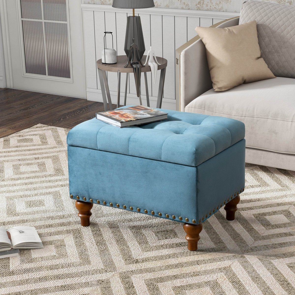 Retro-Style Velvet Upholstered Storage Ottoman With Rivets - Sleep Galleria