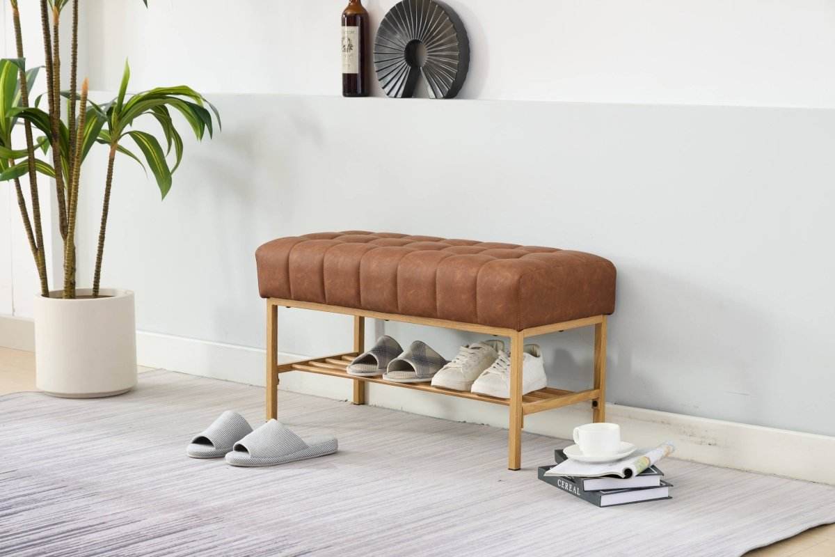 Retro Upholstered Brown Storage Ottoman Bench With Shelf - Sleep Galleria