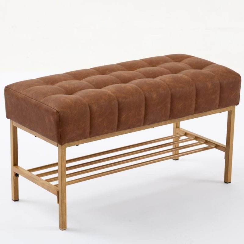 Retro Upholstered Brown Storage Ottoman Bench With Shelf - Sleep Galleria