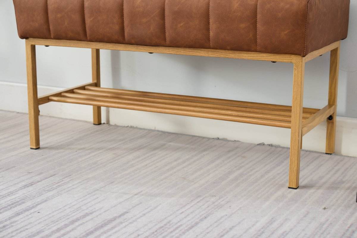 Retro Upholstered Brown Storage Ottoman Bench With Shelf - Sleep Galleria