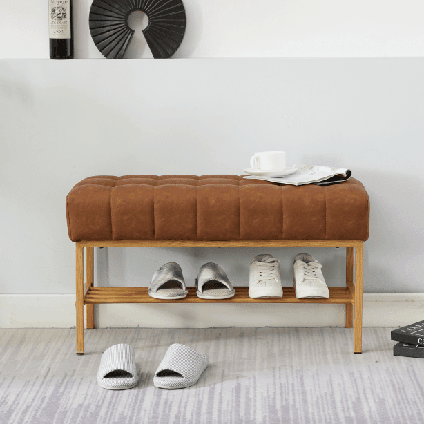 Retro Upholstered Brown Storage Ottoman Bench With Shelf - Sleep Galleria