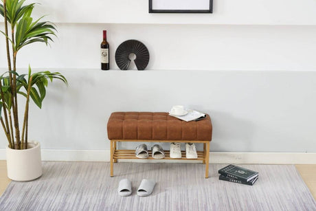 Retro Upholstered Brown Storage Ottoman Bench With Shelf - Sleep Galleria