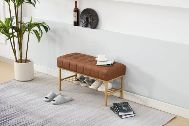 Retro Upholstered Brown Storage Ottoman Bench With Shelf - Omega Lifestyles