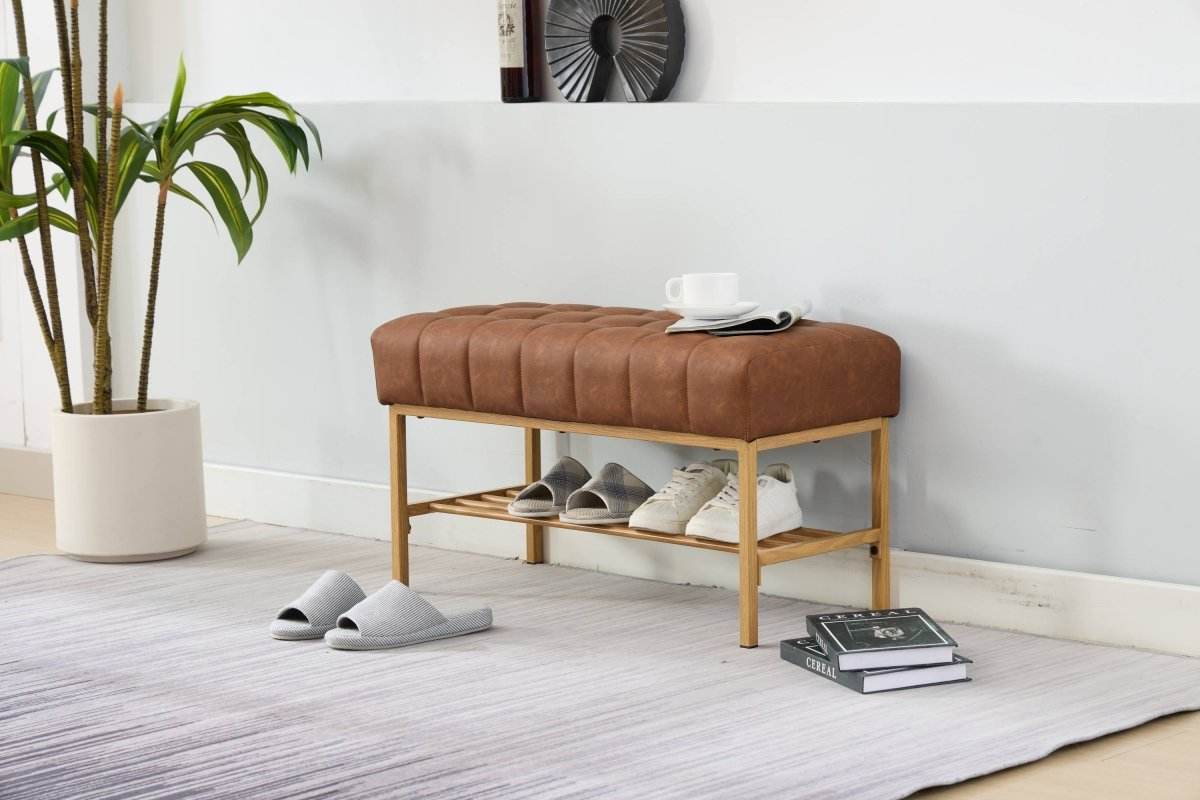 Retro Upholstered Brown Storage Ottoman Bench With Shelf - Sleep Galleria