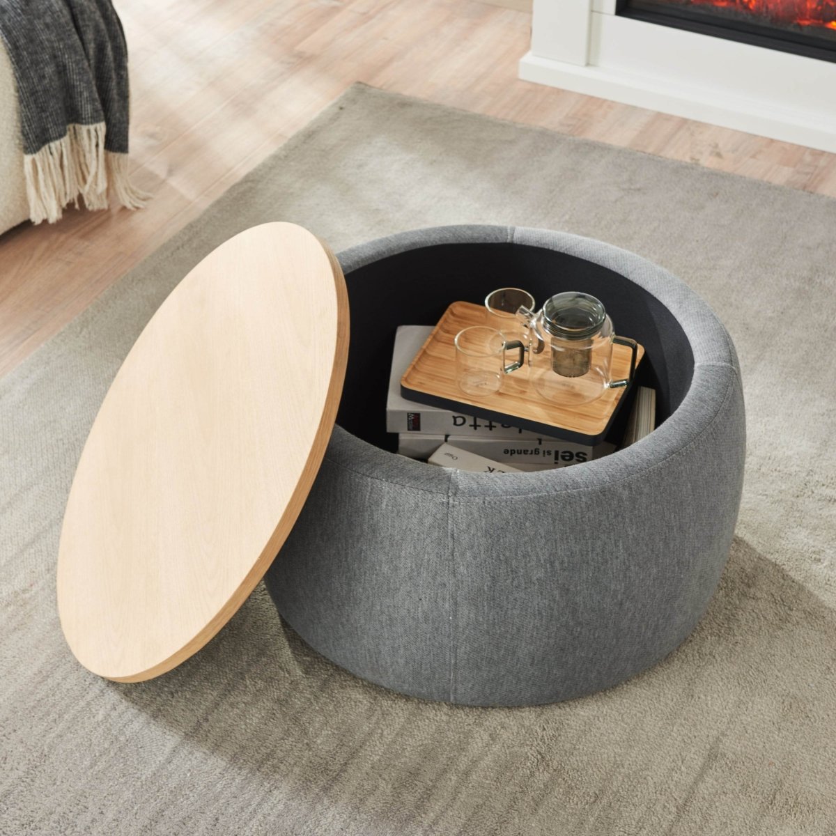 Round Storage Ottoman With Removable Linen Top - Sleep Galleria