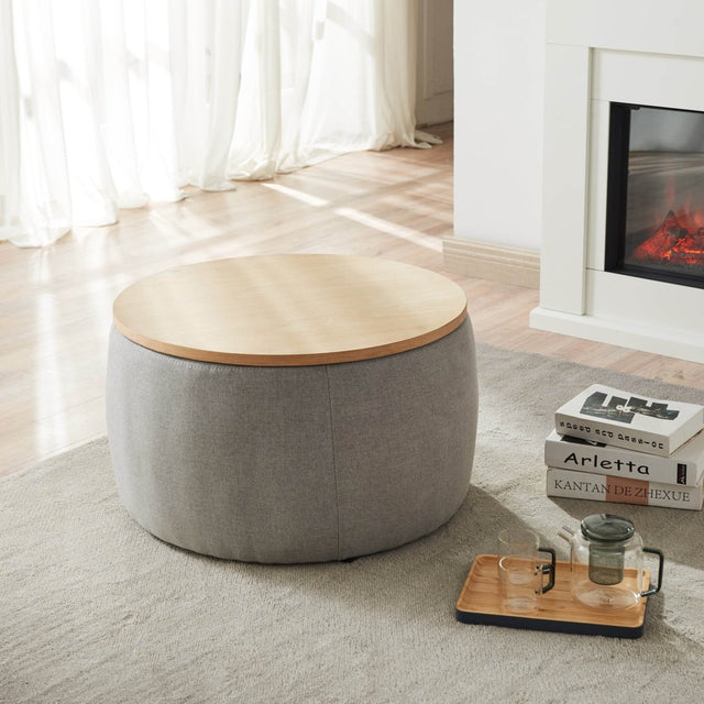 Round Storage Ottoman With Removable Linen Top - Omega Lifestyles
