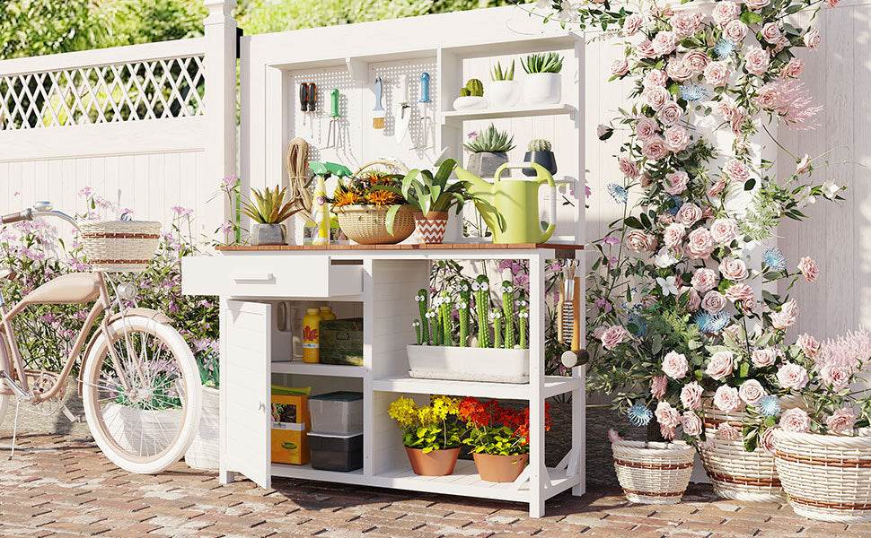 Rustic Fir Wood Potting Bench With Hutch and Storage - Driftwood - Omega Lifestyles