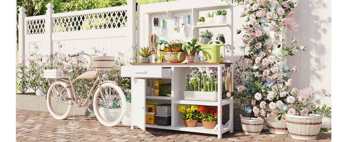 Rustic Fir Wood Potting Bench With Hutch and Storage - Driftwood - Omega Lifestyles
