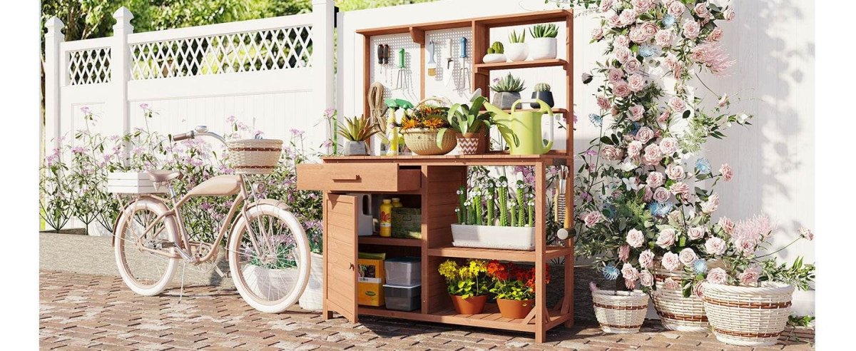 Rustic Fir Wood Potting Bench With Storage Hutch - Omega Lifestyles
