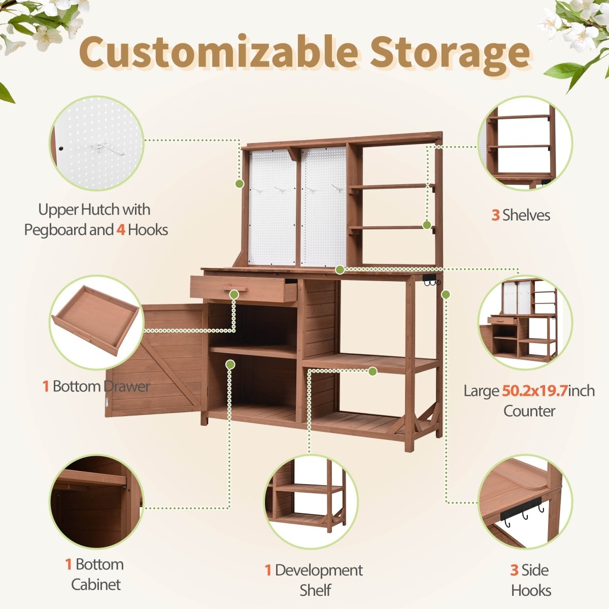 Rustic Fir Wood Potting Bench With Storage Hutch - Omega Lifestyles