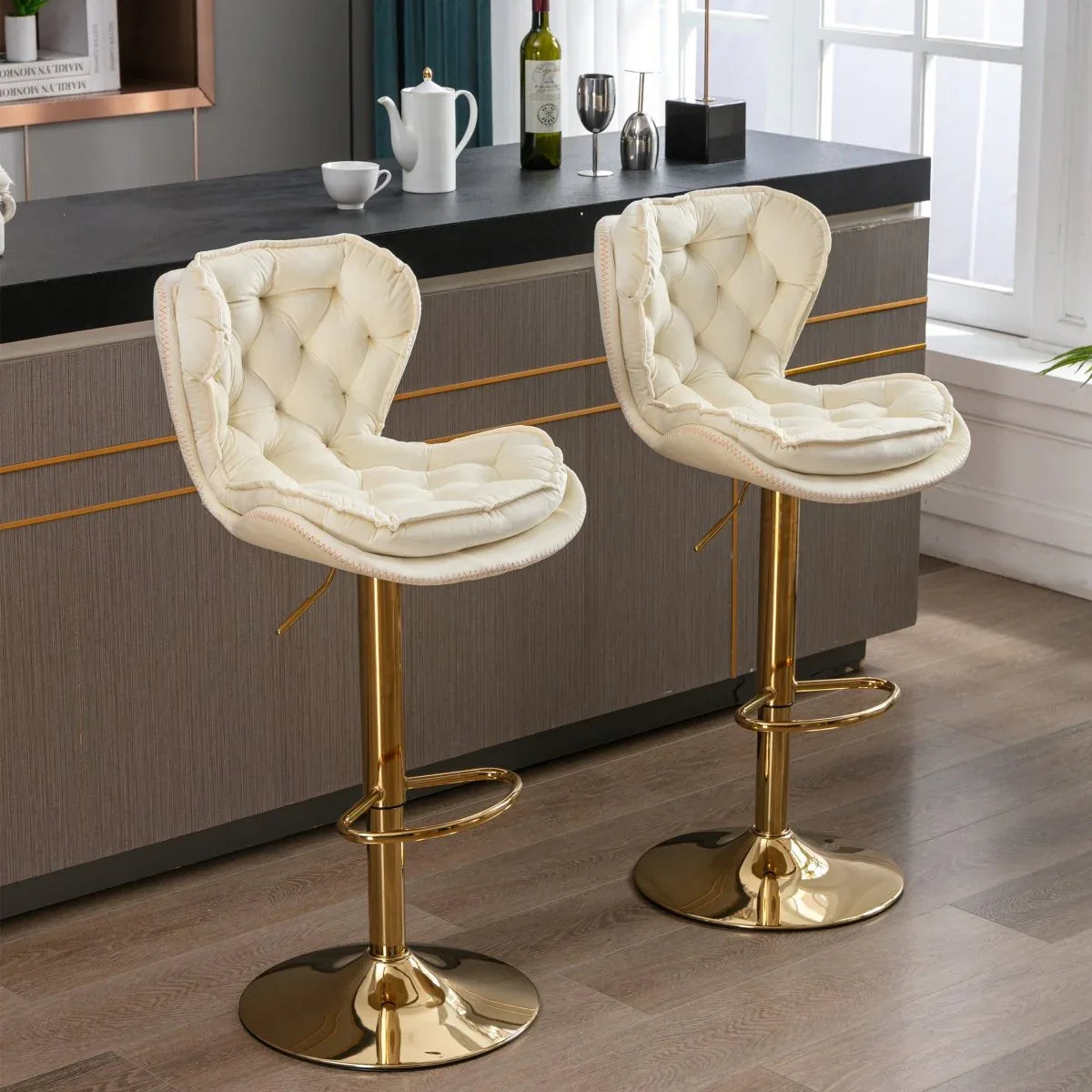 Set of 2 Adjustable Velvet Fabric Bar Stools Cream - Omega Lifestyles