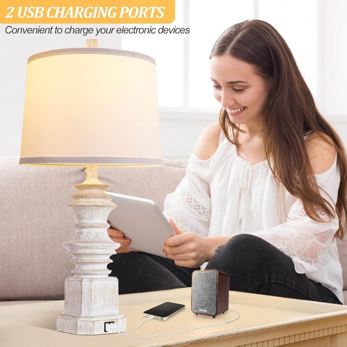 Set Of 2 Farmhouse Resin Table Lamps With USB - Omega Lifestyles