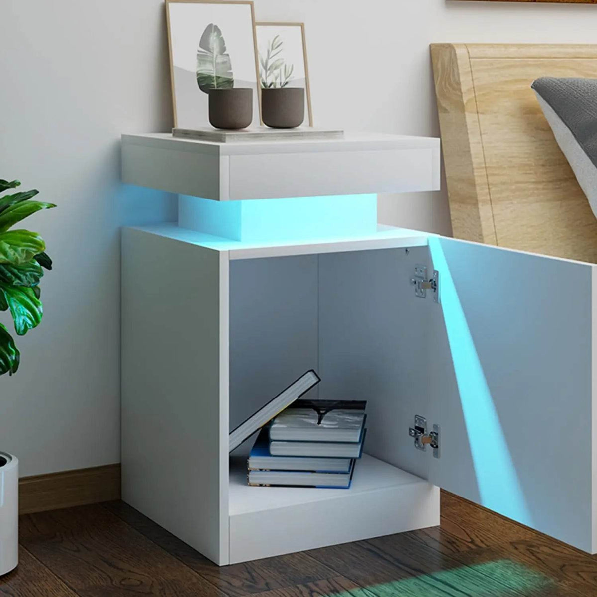 Set of 2 Modern Wood Nightstands With LED Lights - Omega Lifestyles