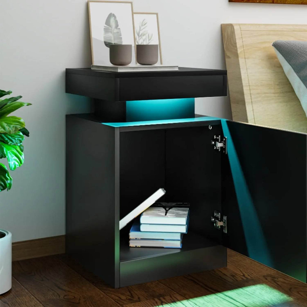 Set of 2 Modern Wood Nightstands With LED Lights - Omega Lifestyles