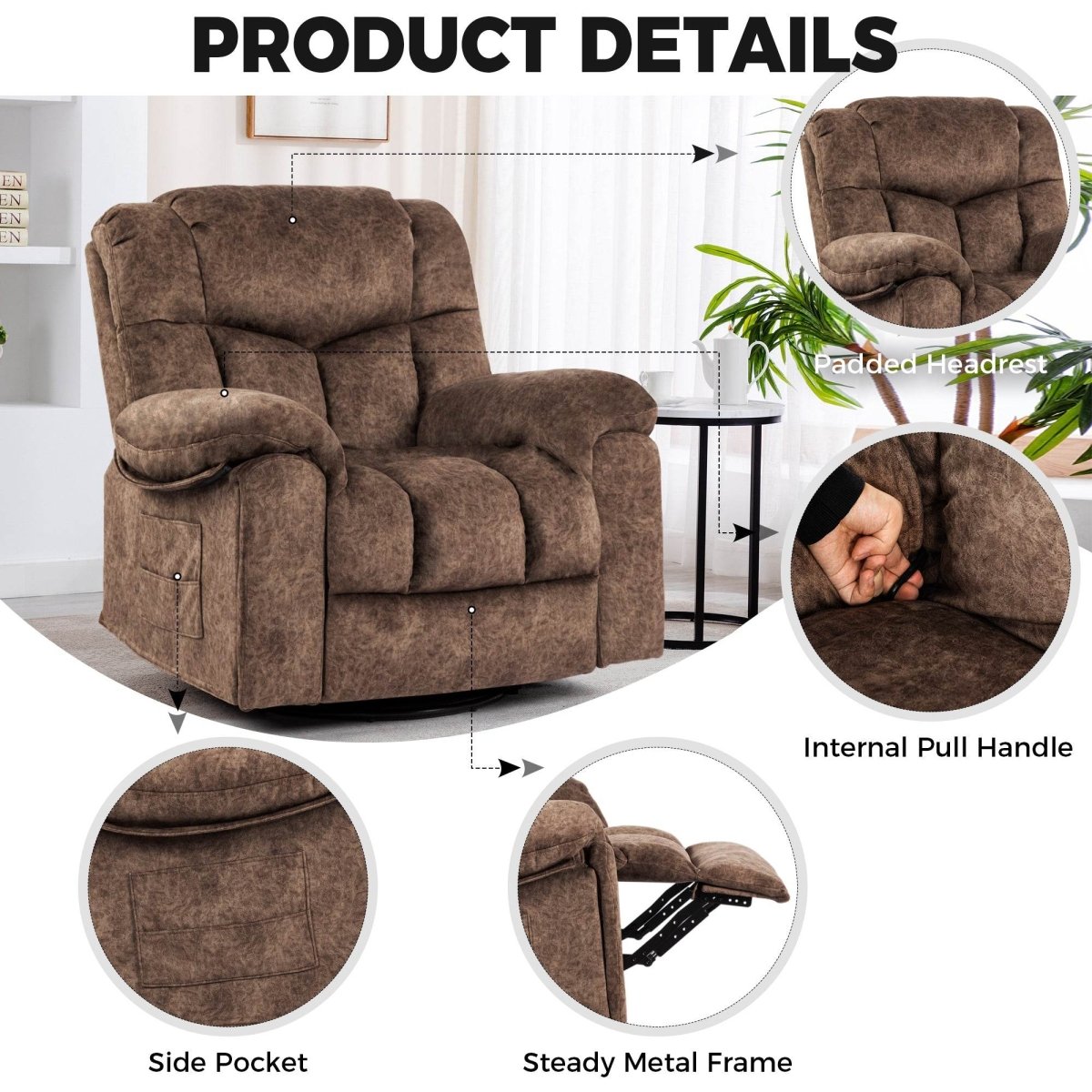 Soft Velvet Swivel Rocking Massage Recliner Chair - Driftwood - Omega Lifestyles