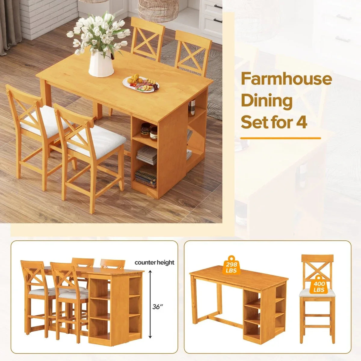 Solid Wood Farmhouse Counter Height Dining Table Set - Omega Lifestyles