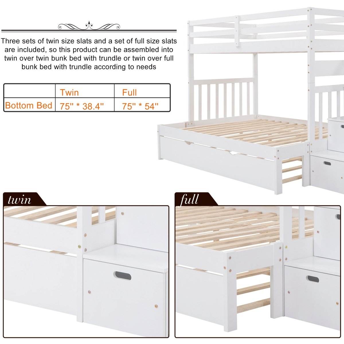Solid Wood Twin Over Twin Full Bunk Bed With Trundle - Sleep Galleria