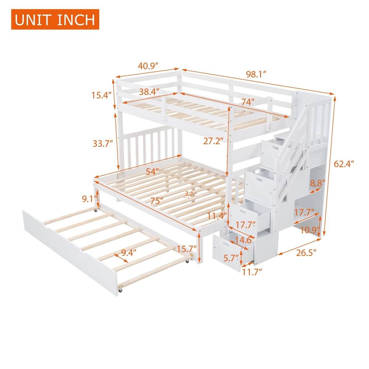 Solid Wood Twin Over Twin Full Bunk Bed With Trundle - Sleep Galleria