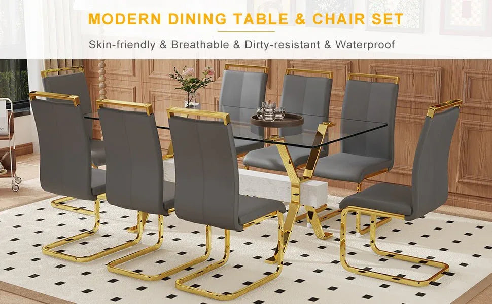 Tempered Glass Dining Table With Eight PU Chairs Set - Omega Lifestyles