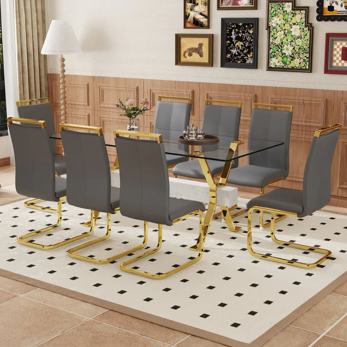 Tempered Glass Dining Table With Eight PU Chairs Set - Omega Lifestyles
