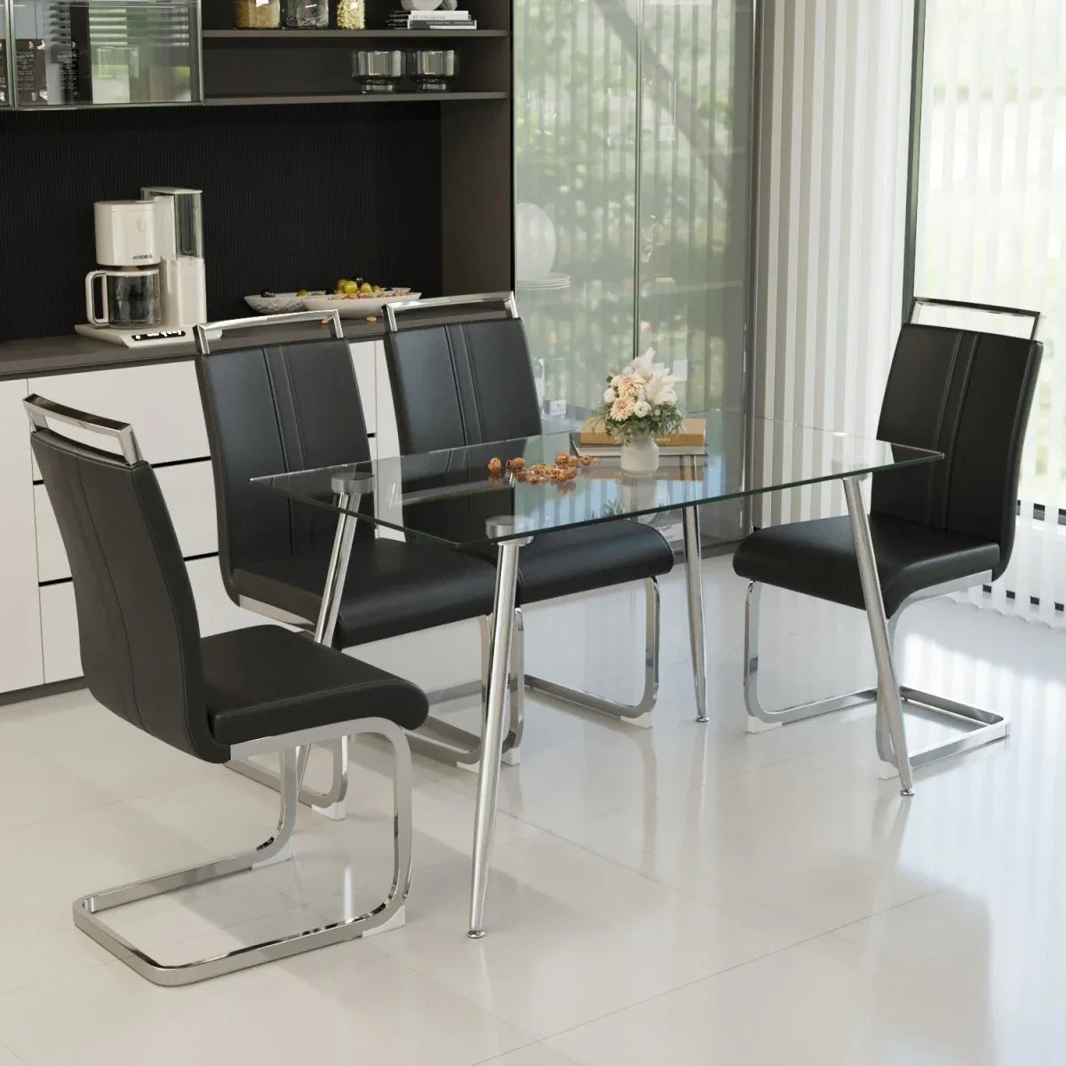 Tempered Glass Dining Table With Four PU Chairs Set - Omega Lifestyles