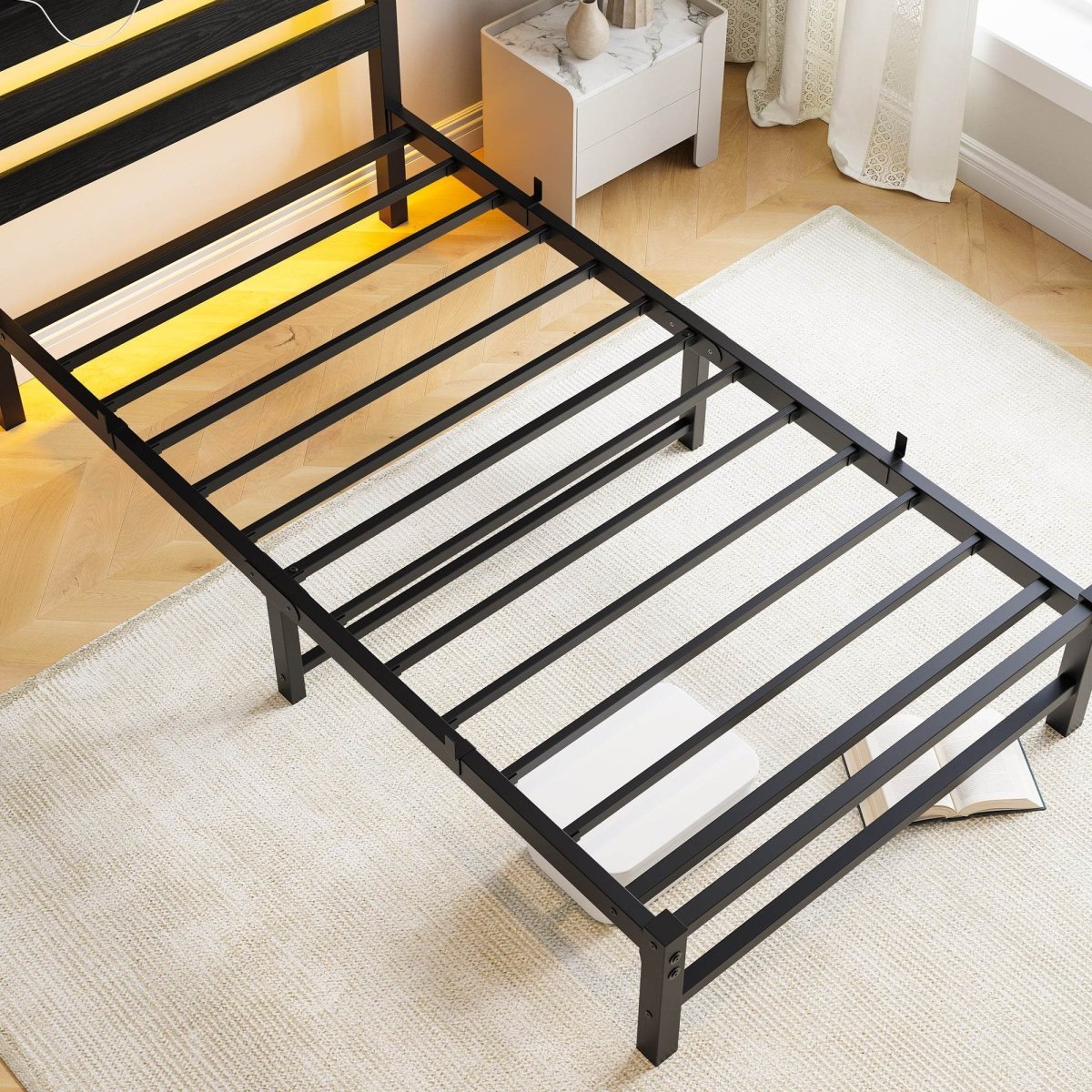 Twin Heavy Duty Metal Platform Bed Frame With USB - Driftwood - Omega Lifestyles