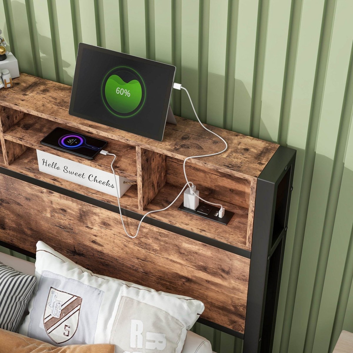 Twin Industrial Metal Wood Platform Bed Frame With Charging Station - Driftwood - Omega Lifestyles