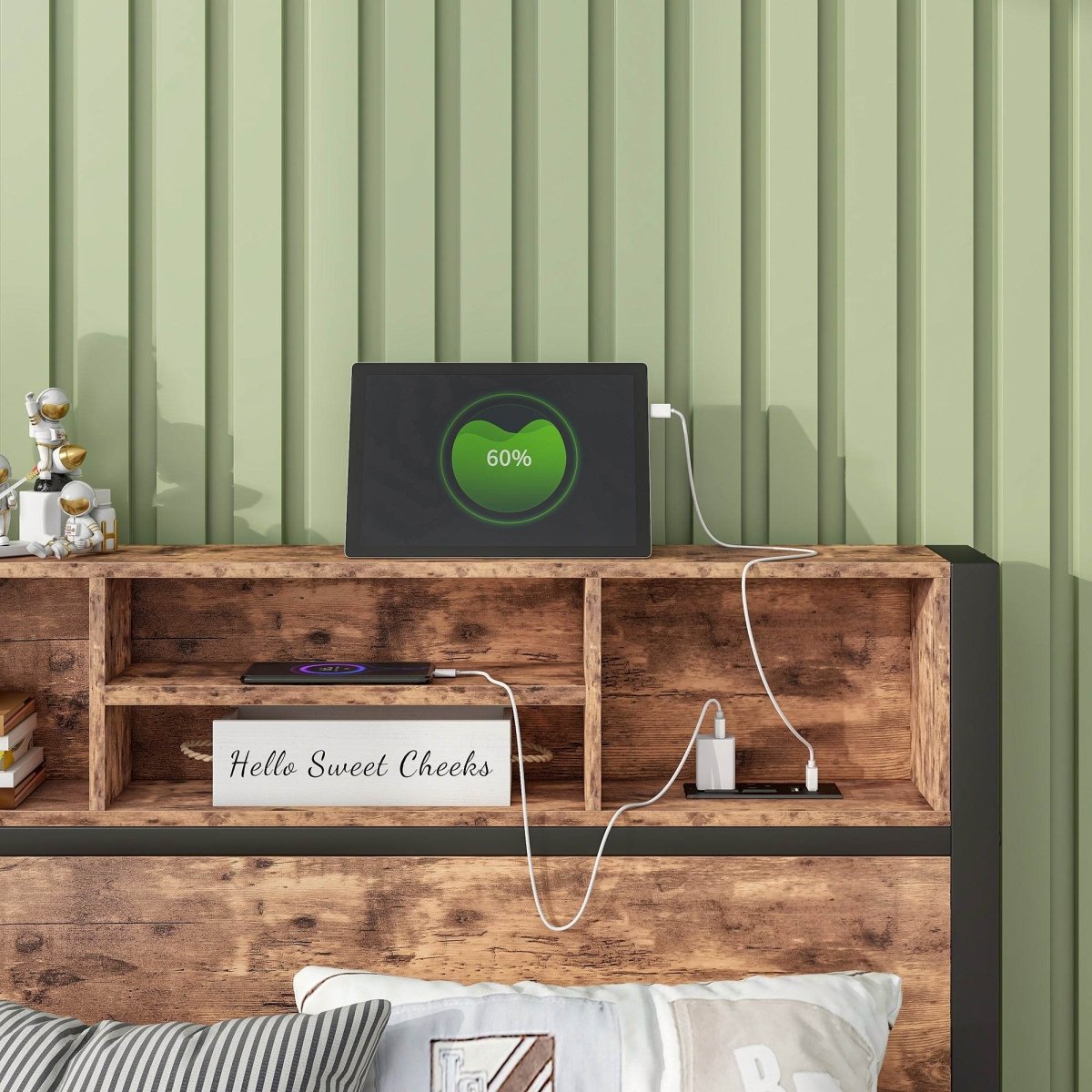 Twin Industrial Metal Wood Platform Bed Frame With Charging Station - Driftwood - Omega Lifestyles