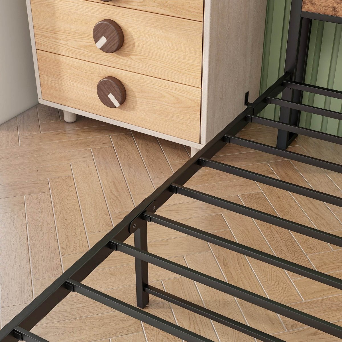 Twin Industrial Metal Wood Platform Bed Frame With Charging Station - Driftwood - Omega Lifestyles