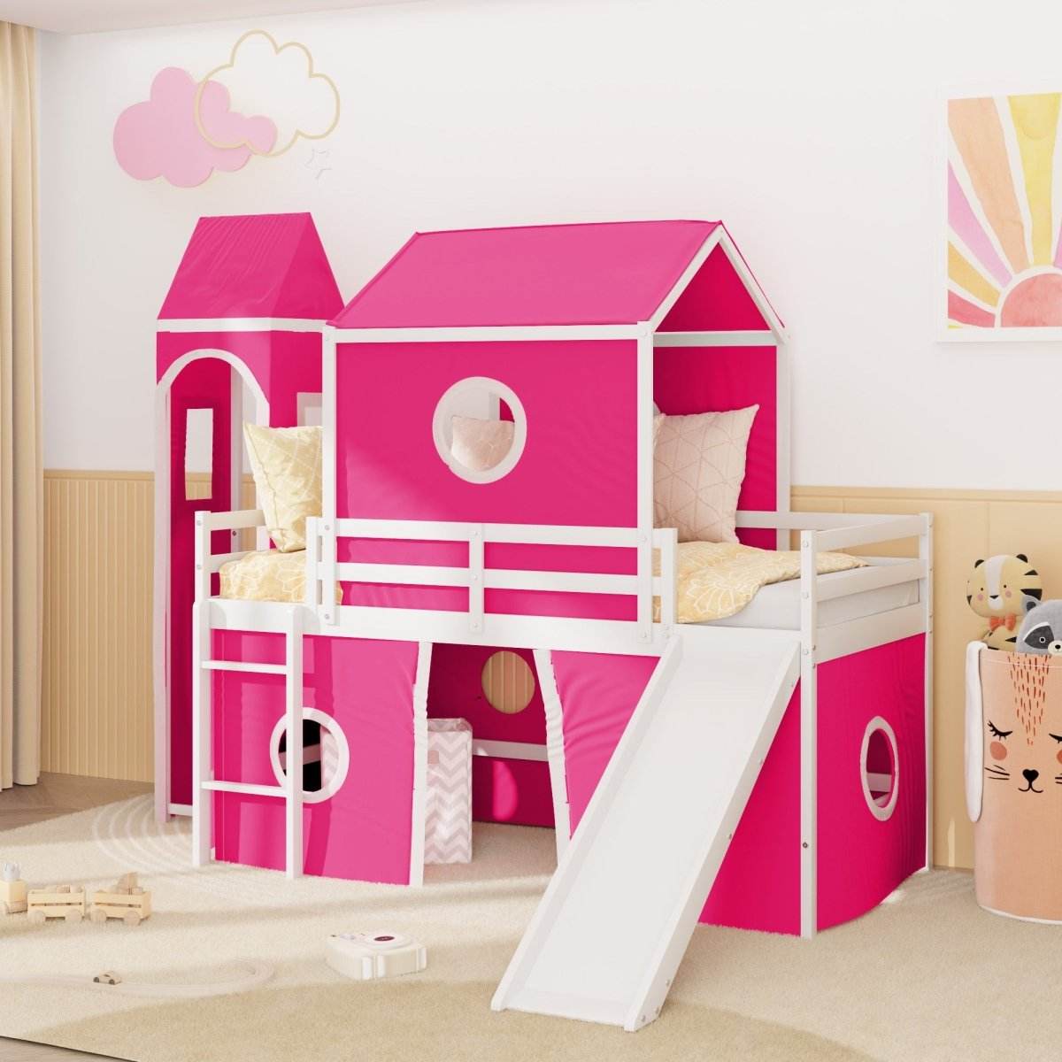 Twin Loft Bed With Slide Pink Tent Tower - Sleep Galleria