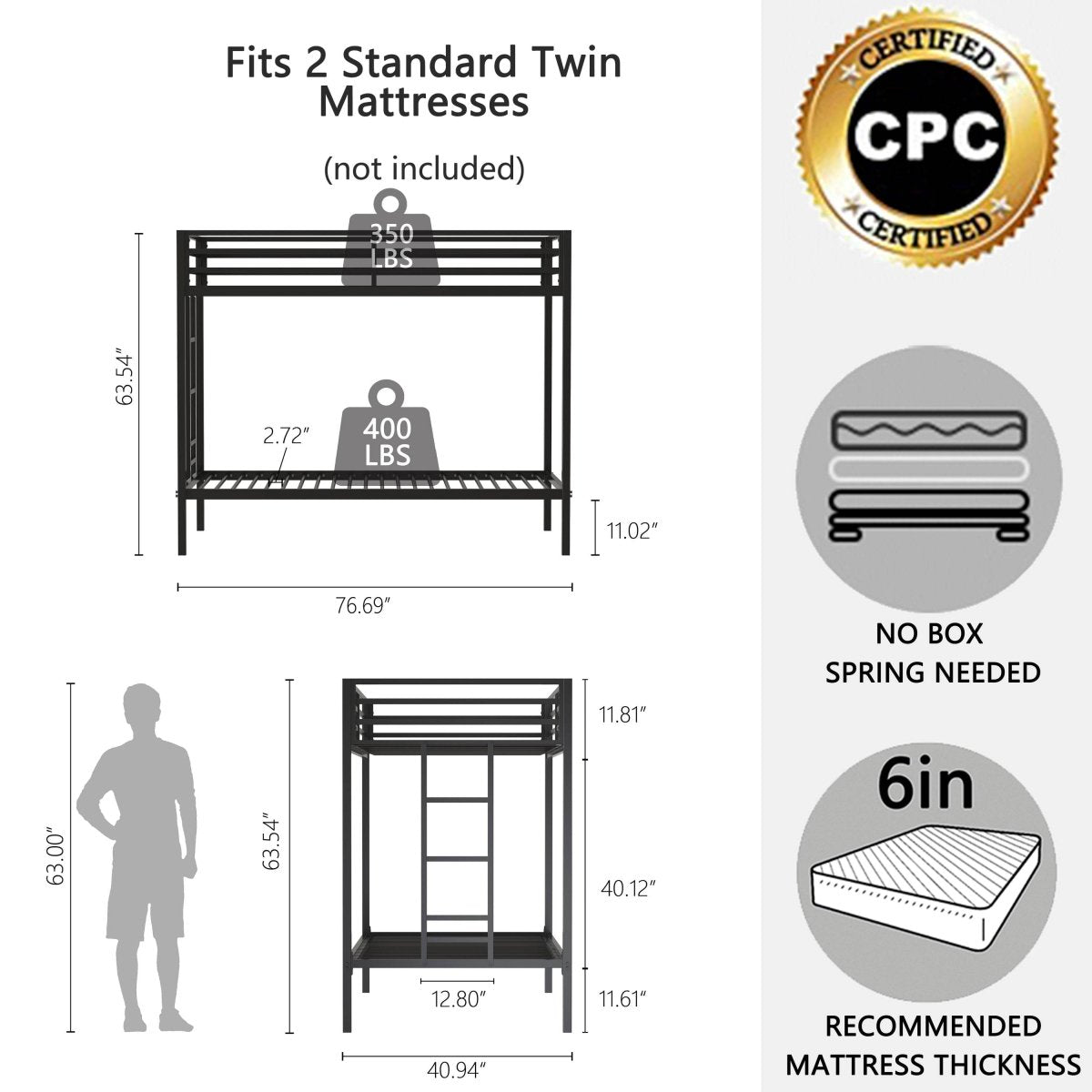 Twin Over Twin Metal Bunk Bed Frame With Ladder And Guardrails - Driftwood - Omega Lifestyles