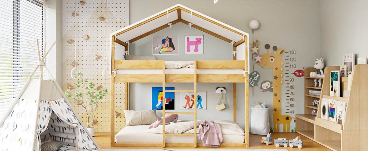 Twin Over Twin Solid Wood Bunk Bed With Tent - Sleep Galleria