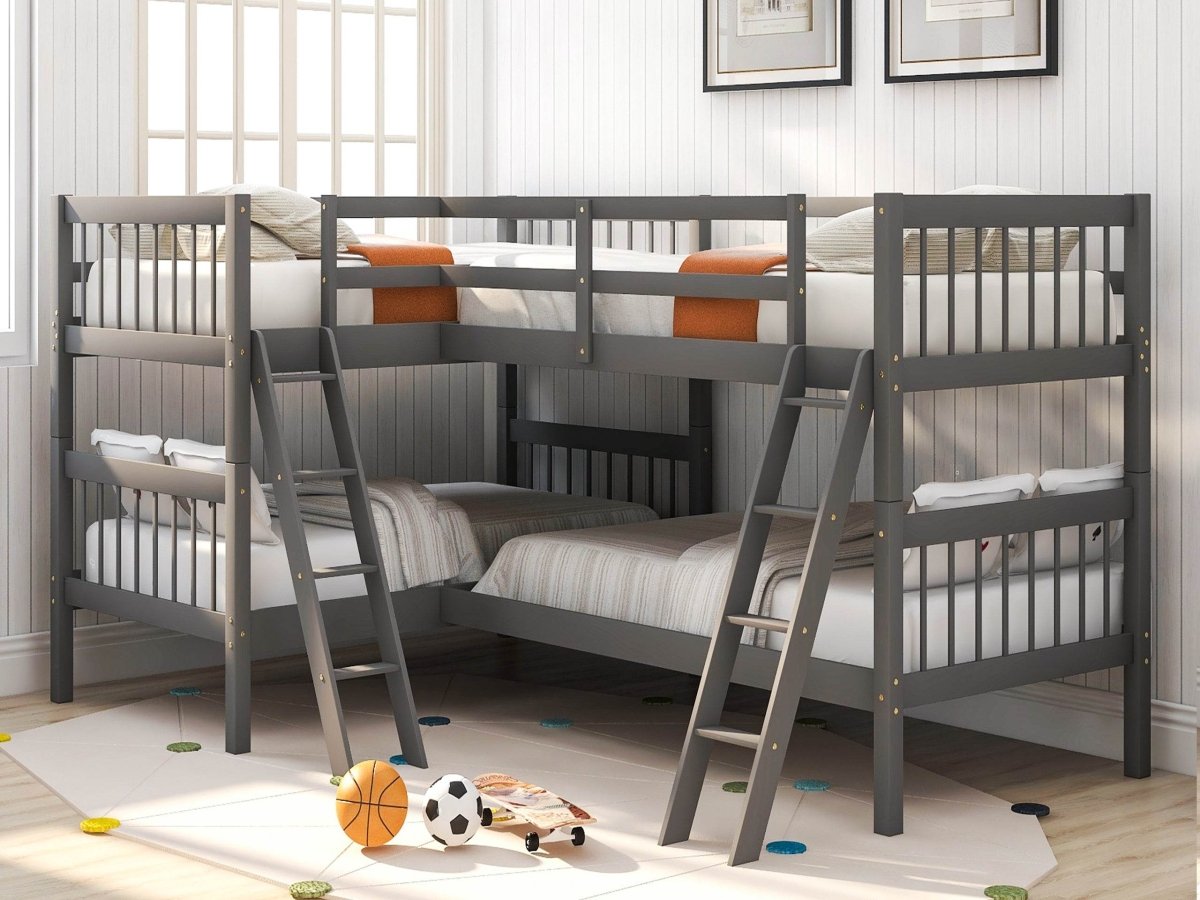 Twin - Over - Twin Solid Wood L - Shaped Bunk Bed With Ladder - Driftwood - Omega Lifestyles