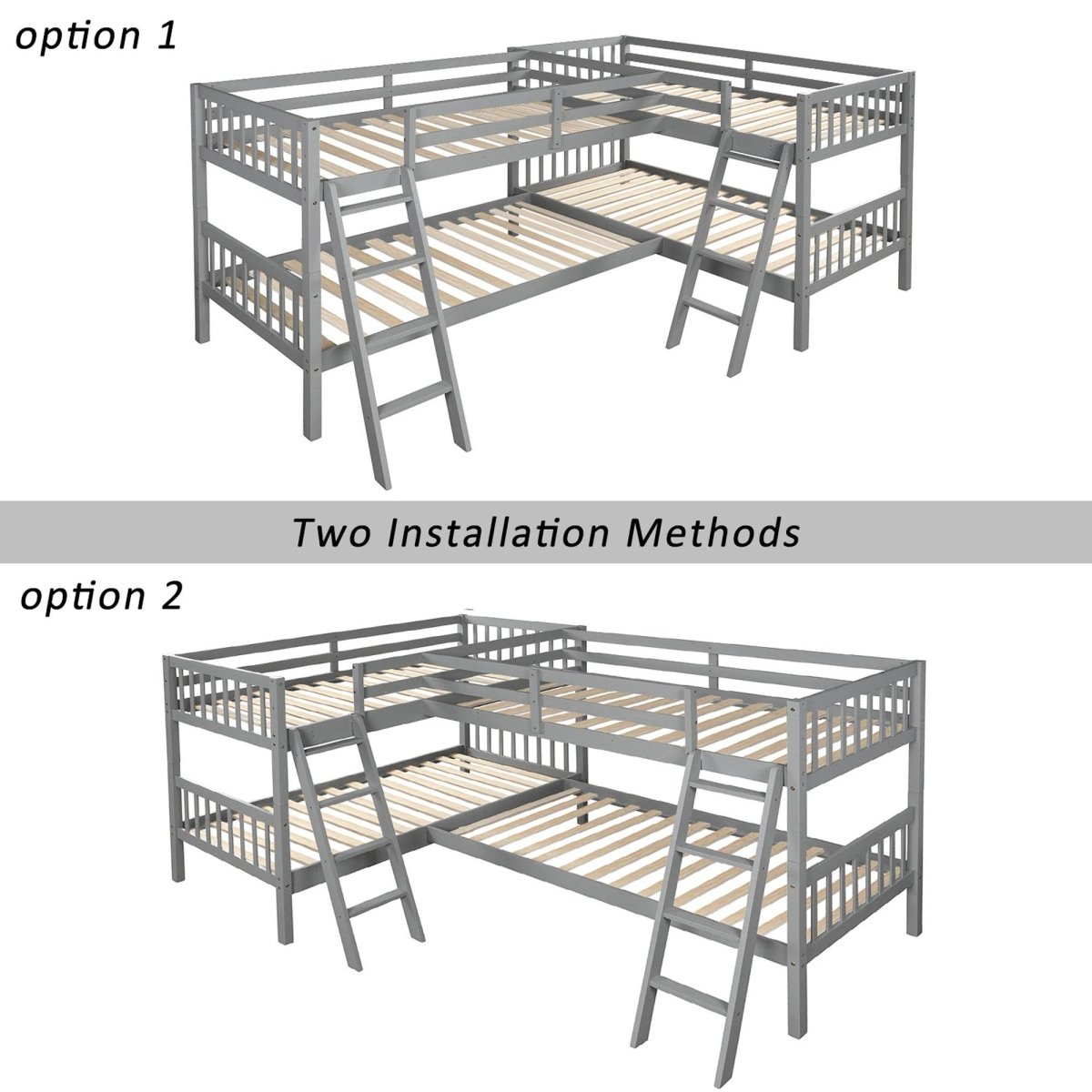 Twin - Over - Twin Solid Wood L - Shaped Bunk Bed With Ladder - Driftwood - Omega Lifestyles
