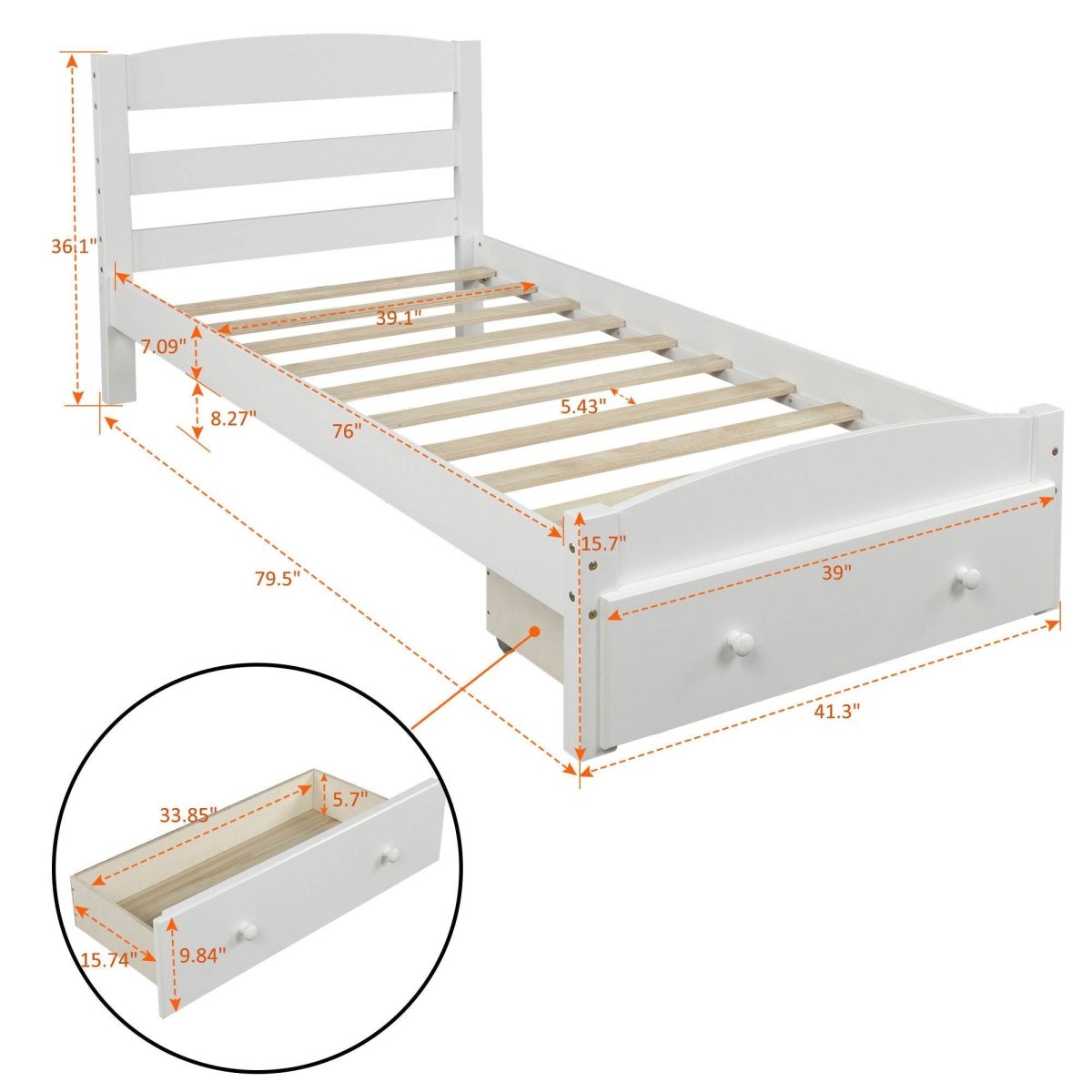 Twin Solid Wood Classic Platform Bed Frame With Storage Drawer - Driftwood - Omega Lifestyles