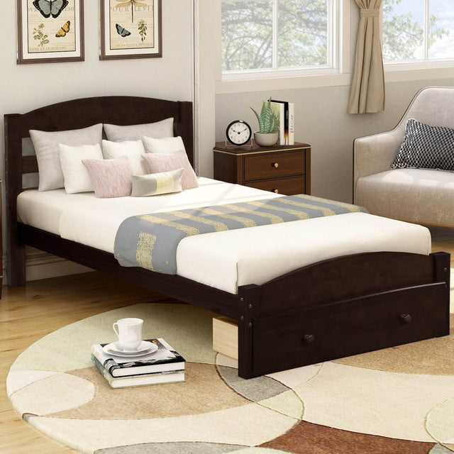Twin Solid Wood Espresso Platform Bed Frame With Storage Drawer - Omega Lifestyles