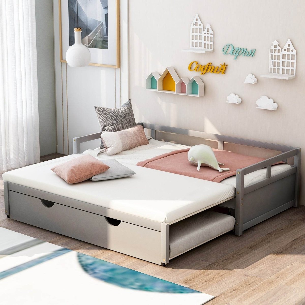 Twin Solid Wood Extending Daybed With Pull - Out Trundle - Driftwood - Omega Lifestyles