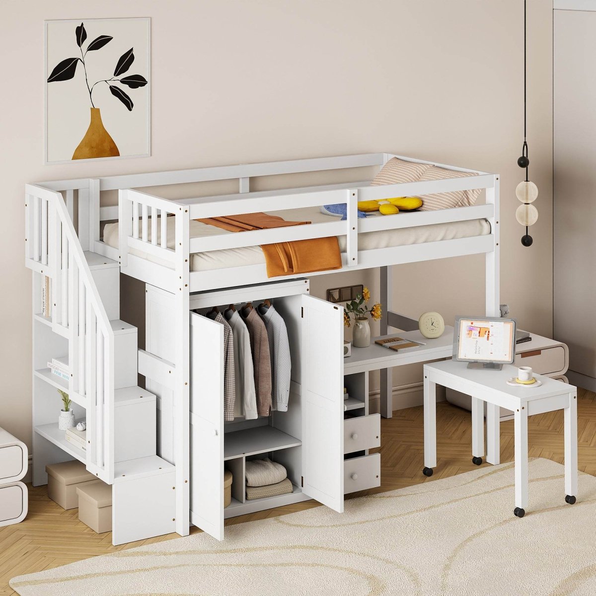 Twin Solid Wood Multifunctional Loft Bed With Storage - Driftwood - Omega Lifestyles