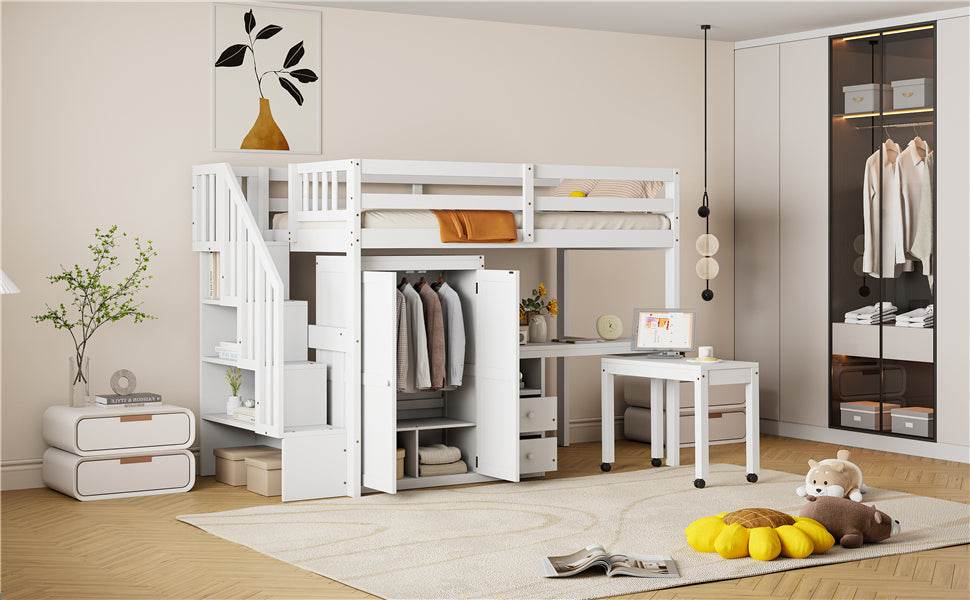 Twin Solid Wood Multifunctional Loft Bed With Storage - Driftwood - Omega Lifestyles