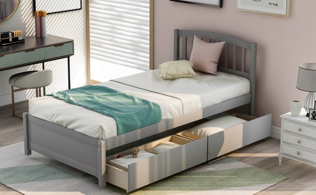 Twin Solid Wood Platform Bed Frame With Storage Drawers - Driftwood - Omega Lifestyles