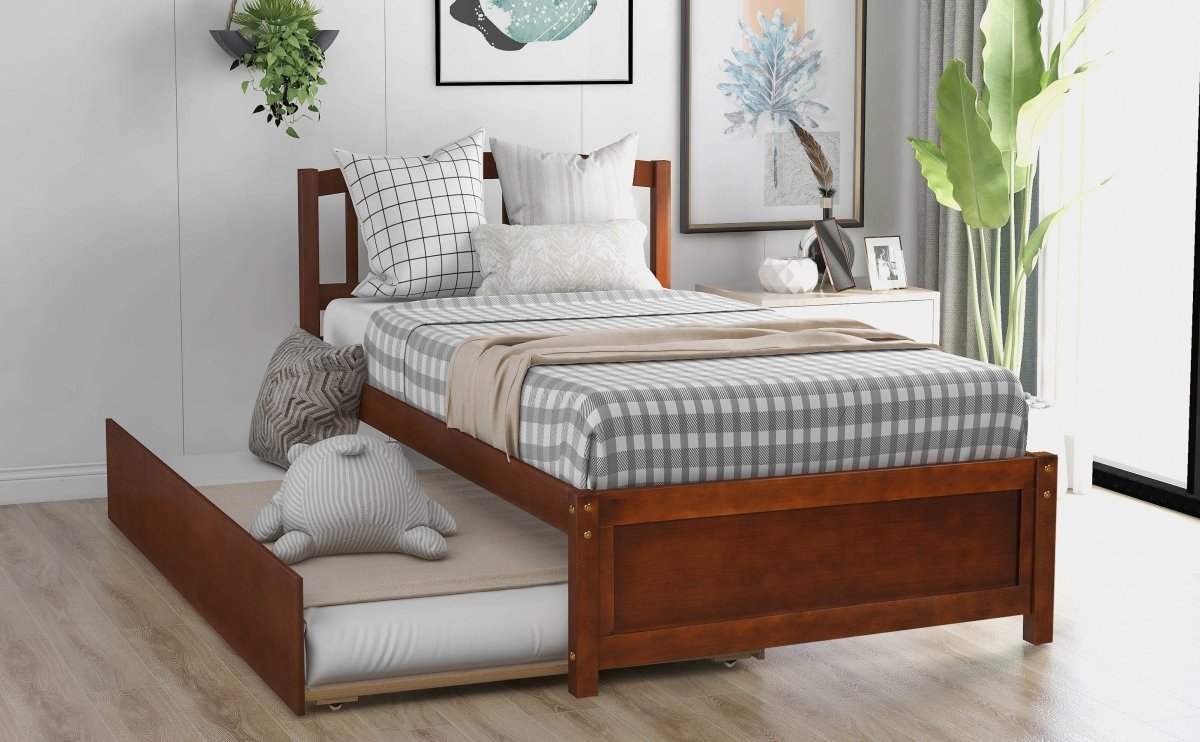 Twin Solid Wood Platform Bed With Trundle Walnut - Driftwood - Omega Lifestyles