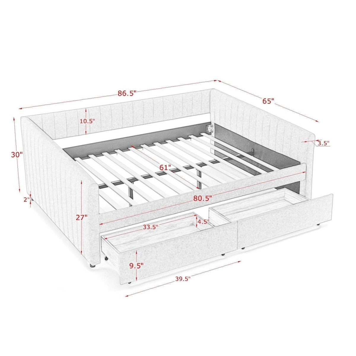 Upholstered Linen Daybed With Two Storage Drawers - Omega Lifestyles