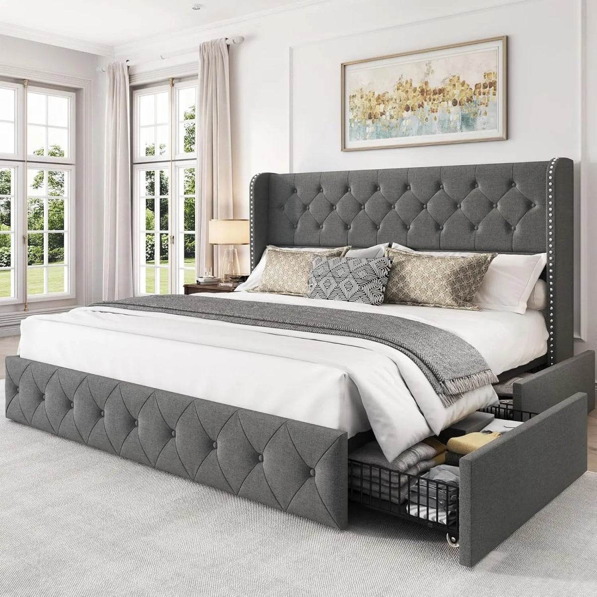 Velvet Upholstered Platform Bed Frame With Storage Drawers - Omega Lifestyles